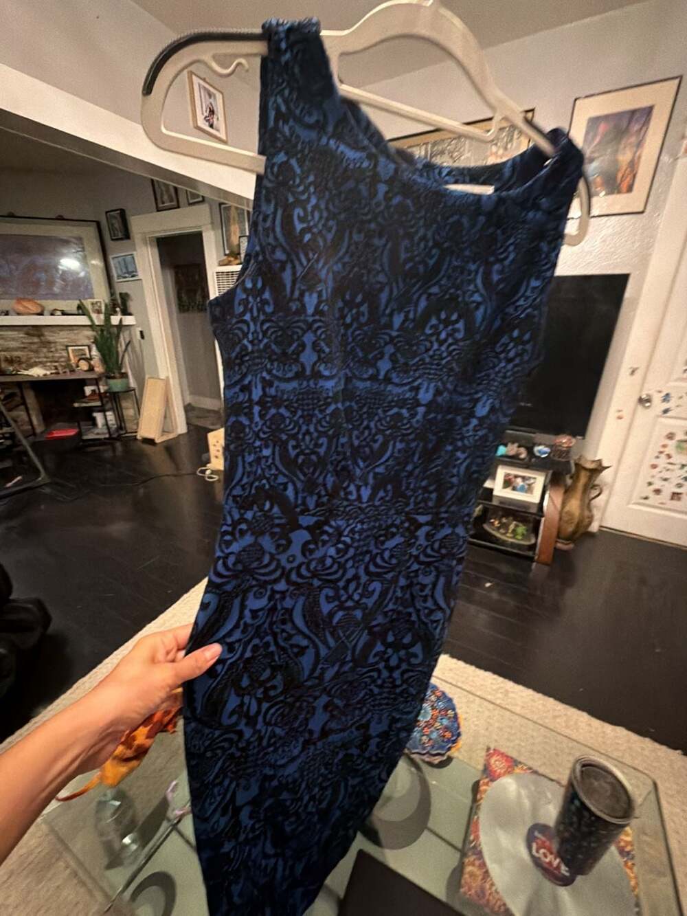 New York & Company Dress Size XS Blue Black Flocked Damask